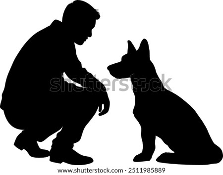 Vector Silhouette Man with Dog - Design Elements - Sitting Shepherd Dog with Dog Owner - Friend and Companion - Human and Animal