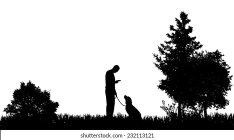 Vector silhouette of a man with a dog in nature.