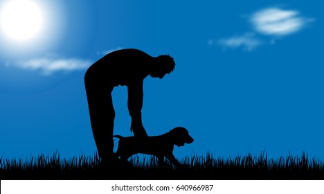 Vector silhouette of man with dog in nature.