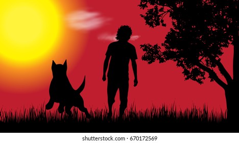 Vector silhouette of man with dog in nature at sunset.
