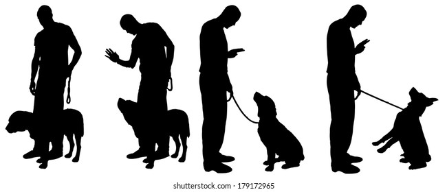 Vector silhouette of a man with a dog on a white background. 