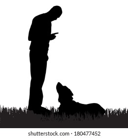 Vector silhouette of a man with a dog on a walk.