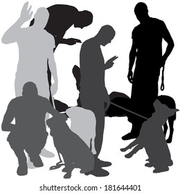 Vector silhouette of a man with a dog on a walk.