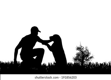 Vector Silhouette Of Man With Dog On A White Background. 