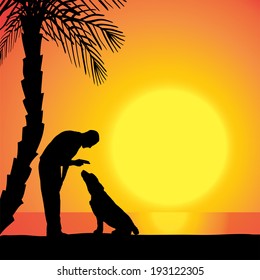 Vector silhouette of a man with a dog on the beach at sunset.