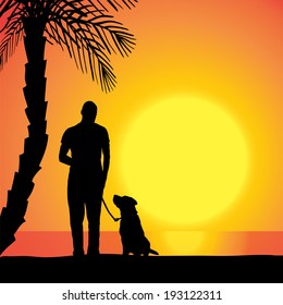 Vector silhouette of a man with a dog on the beach at sunset.