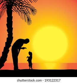Vector silhouette of a man with a dog on the beach at sunset.