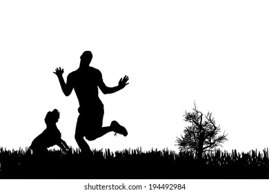 Vector silhouette of man with dog on a white background. 