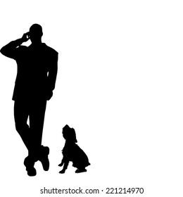 Vector silhouette of man with a dog on a white background.