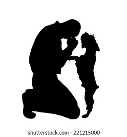 Vector silhouette of man with a dog on a white background.