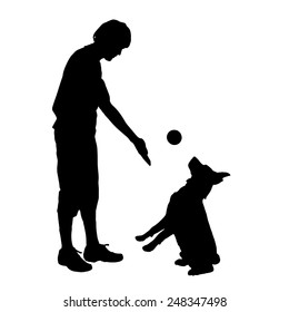 Vector silhouette of a man with a dog on a white background.