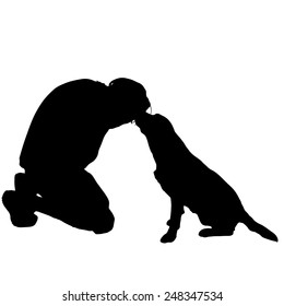 Vector silhouette of a man with a dog on a white background.
