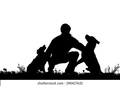 Vector silhouette of a man with a dog on a meadow.