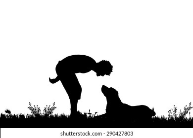 Vector silhouette of a man with a dog on a meadow.