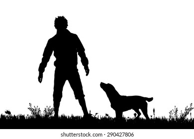 Vector silhouette of a man with a dog on a meadow.