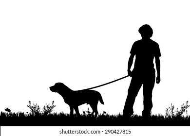 Vector Silhouette Of A Man With A Dog On A Meadow.