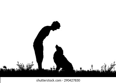 Vector silhouette of a man with a dog on a meadow.
