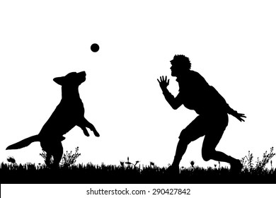 Vector silhouette of a man with a dog on a meadow.