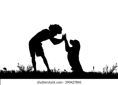 Vector silhouette of a man with a dog on a meadow.