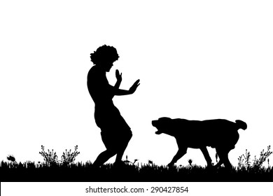 Vector silhouette of a man with a dog on a meadow.