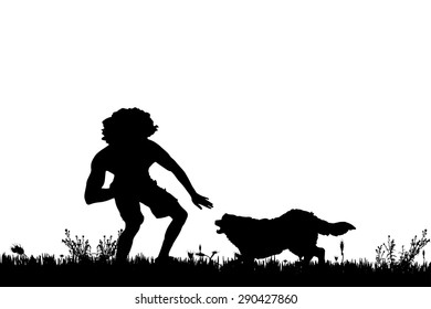 Vector silhouette of a man with a dog on a meadow.