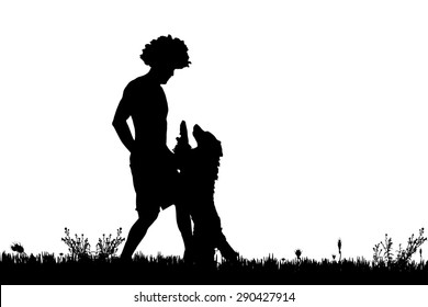 Vector silhouette of a man with a dog on a meadow.