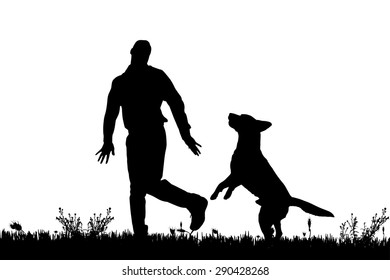 Vector silhouette of a man with a dog on a meadow.