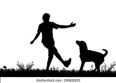 Vector silhouette of a man with a dog on a meadow.