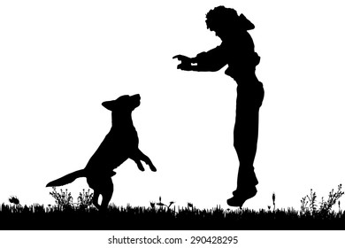 Vector silhouette of a man with a dog on a meadow.