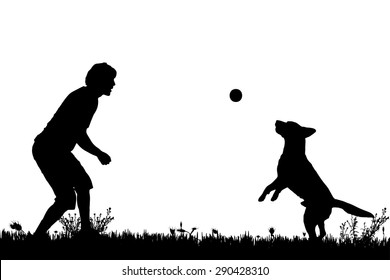 Vector silhouette of a man with a dog on a meadow.