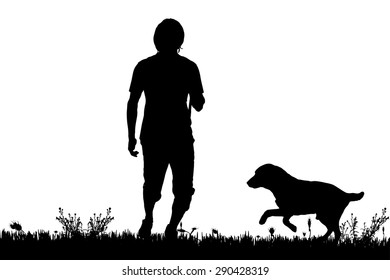 Vector silhouette of a man with a dog on a meadow.