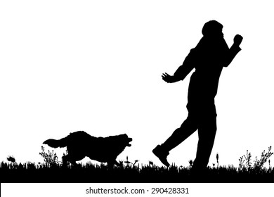 Vector silhouette of a man with a dog on a meadow.