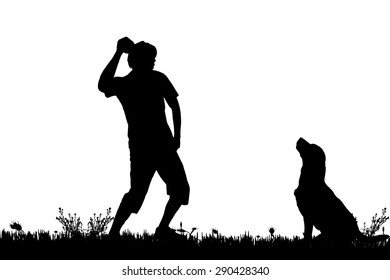 Vector silhouette of a man with a dog on a meadow.