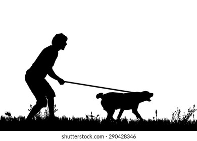 Vector silhouette of a man with a dog on a meadow.