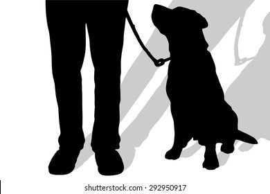 Vector Silhouette Of A Man With A Dog On A White Background.