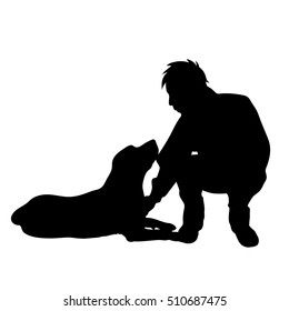 Vector silhouette of man with dog on white background.