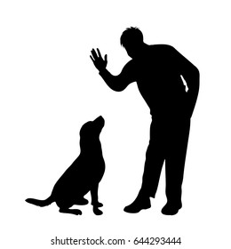 Vector silhouette of man with dog on white background.