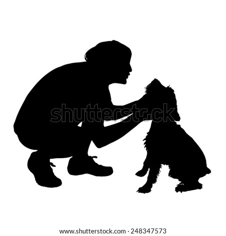 Vector silhouette of a man with a dog on a white background.