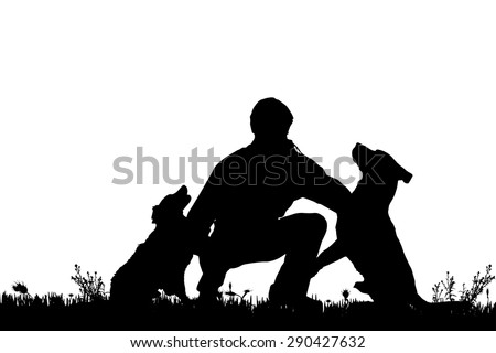 Vector silhouette of a man with a dog on a meadow.