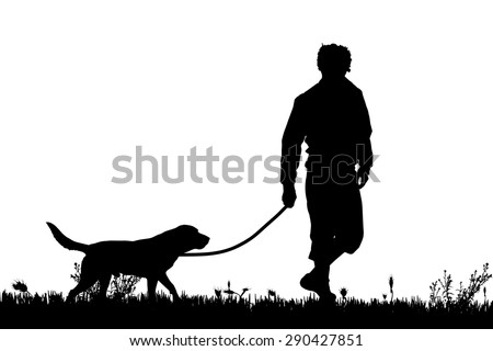 Vector silhouette of a man with a dog on a meadow.