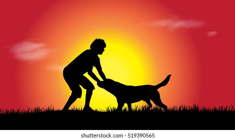 Vector silhouette of man with dog at sunset.