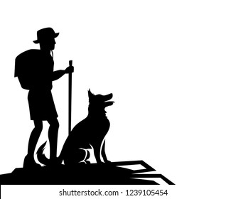 Vector silhouette of the man with dog for a walk. Hiking club Extreme adventure.