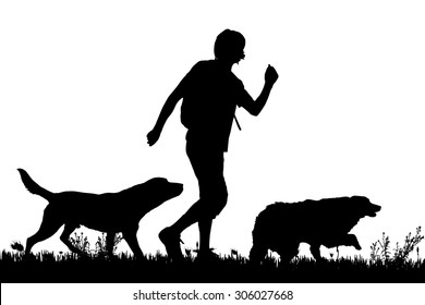 Vector silhouette of the man with dog for a walk.