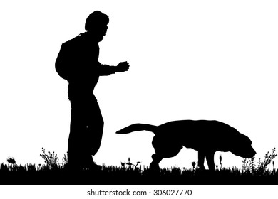 Vector silhouette of the man with dog for a walk.