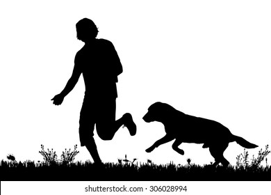 Vector Silhouette Of The Man With Dog For A Walk.