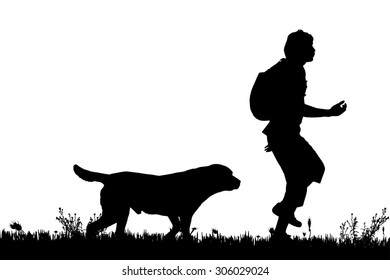 Vector silhouette of the man with dog for a walk.