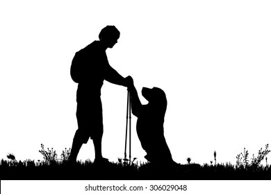 Vector silhouette of the man with dog for a walk.