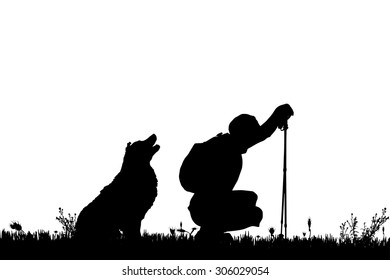Vector silhouette of the man with dog for a walk.