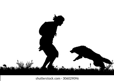 Vector silhouette of the man with dog for a walk.