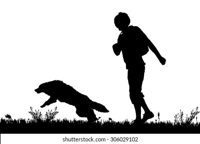 Vector silhouette of the man with dog for a walk.